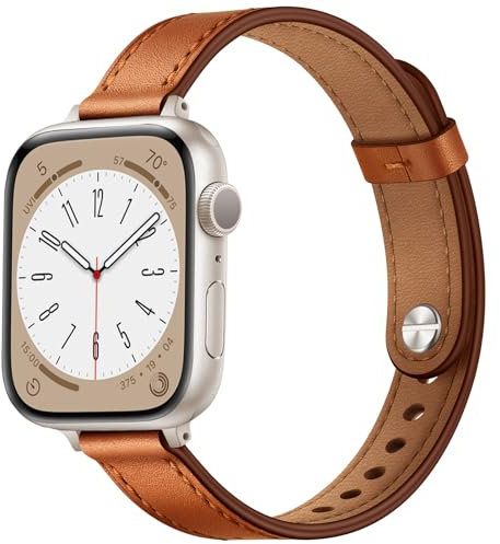 OUHENG Schlankes Armband, kompatibel mit Apple Watch, 42 mm, 41 mm, 40 mm, 38 mm, Damen-Ersatzarmband aus echtem Leder, dünnes Ersatzarmband für iWatch SE2, SE, Serie 10, 9, 8, 7, 6, 5, 4, 3, 2, 1,