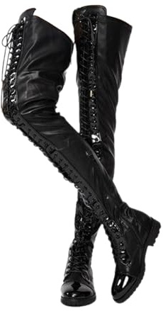 MANYUBEI Overknee Stiefel Für Damen, Große Oberschenkelhohe Stiefel Mit Schnürsenkeln Vorne Quadratischer Absatz Seitlicher Reißverschluss Bequeme Lange Stiefel Mit Niedrigem Absatz, 45 EU,Black