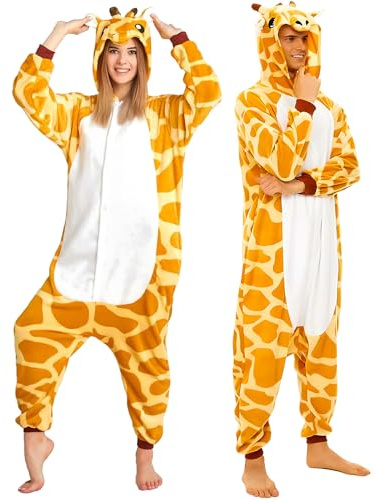 Unisex Onesie Giraffe Kostüm Schlafanzug Einteiliger Pyjamas Jumpsuit Erwachsene mit Kapuze- Tier Schlafoverall Kleidung Outfit Plüsch Sleepwear Overall für Damen Herren Halloween Karneval Cosplay