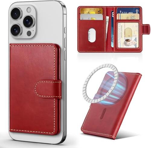 SHIELDON Genuine Leather Magnetic Phone Wallet, RFID Blocking, 6 Card Holders, ID Window, Front Pocket Wallet for Men Women Compatible with iPhone 16 Pro/Max/15/14/13/12 & Magnetic Case - Retro Red
