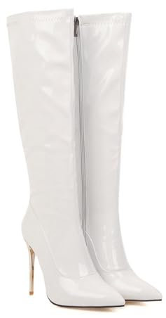 Stivali Moda da Donna Stivali Alti in Vernice 10CM Tacchi Alti a Punta Stivali Alti Bianchi di Grandi Dimensioni