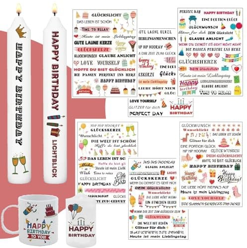 Jadeunm 6 Stück Geburtstag Kerzenfolie, Kerzentattoos Happy Birthday, Kerzensprüche, Wasserschiebefolie für Kerzen/Keramik