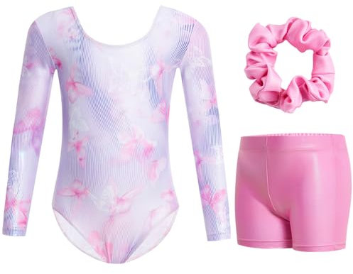 Gogokids Tuta da ginnastica a tre pezzi, a maniche lunghe, set da ginnastica con pantaloncini e fascia per capelli, maglia glitterata per danza classica, con design sfumato per 3-12 anni, lilla rosa,