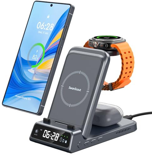 SwanScout Charging Station for Samsung S25 Ultra, Foldable 3 in 1 Wireless Charger Stand for Samsung S25/S25+/S24/S23/S22/Fold 6, Galaxy Watch Ultra/7/6/5/4, Galaxy Buds, SwanScout 703S (No Adapter)