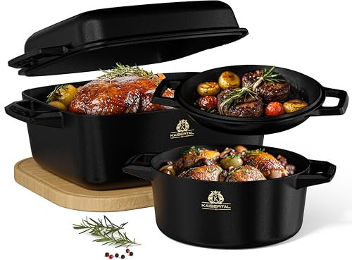 KAISERTAL® eingebranntes Gusseisen-Set - 32cm Bräter & 26cm Topf - Induktionsgeeignet, für Braten, Aufläufe & Schmorgerichte - Robust & Langlebig
