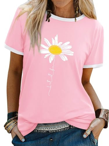 Dresswel Women Let It Be T Shirt Daisy Flower Graphic Print T-Shirt Crew Neck Short Sleeve Tee Tops(2-Light Pink,L)