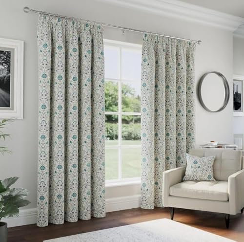 Enhanced Living Cotswold Premium Floral Blue 100% Blackout Curtains for Bedroom & Living Room - 65x72 inch (165x183 cm) - Tape Top Curtains with Textured Linen Feel - 2 x Curtain Panels