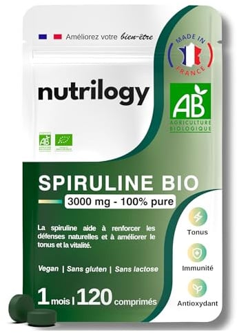 Spiruline Bio 3000mg 100% Pure - Immunité, Tonus & Antioxydant - 1 mois | Réduit la fatigue et boost votre immunité - 100% pure - 3000mg - Riche en Fer & Protéines - 120 Comprimé - Fabriqué en France