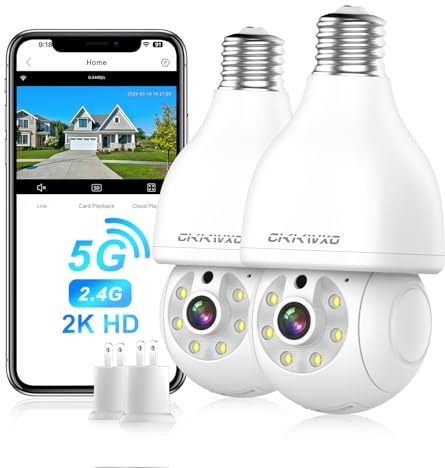 CiKiKWXO 2K (3MP) Ampoule Camera Interieur/Exterieure WiFi, 2.4/5GHz Caméras de Surveillance sans Fil, Vision Nocturne Couleur HD, Détection Mouvement, Compatible Alexa, Douille E27 (2.4&5GHz 2pièce)