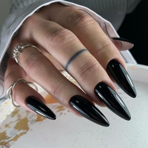 Black False Nails - 24pcs Medium Length Press on Nails - 12 Sizes Solid Color Stick on Nails - Almond French Tip False nails - Full Cover Natural Stiletto Acrylic Fake Nail with Glue