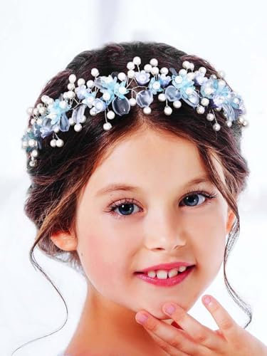 IYOU Heilige Kommunion Stirnband Blaue Blume Kopfschmuck Perle Braut Hochzeit Haarschmuck für Blumenmädchen