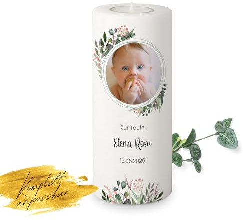 MOMENTU® Taufkerze personalisiert mit Babyfoto Blätterprint Ø8 x 20 cm - [Teelichteinsatz] Taufgeschenk für Jungen und Mädchen, grün, modern, selber machen, selber gestalten, nachhaltige Rohstoffe