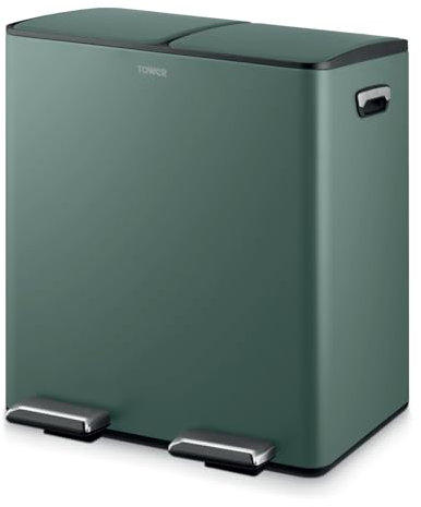 Tower T838022FOR Recycling Pedal Bin, Two 20L Compartments with Removable Inner Buckets, Carbon Steel Body, 40L, Forest Green