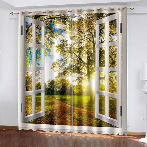 Lirzxin Tende Oscuranti per Interni 2 Pezzi, Tenda Elegante per Salotto con Occhielli Paesaggio Foresta Al Sole Della Finestra Tende per Camera da Letto 132x274 CM (LxA), Giallo Verde Marrone