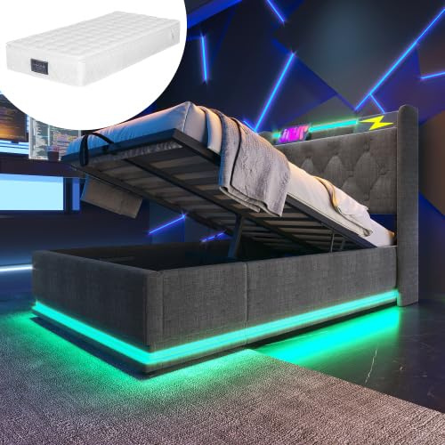 Polsterbett 90x200, LED Einzelbett mit Stauraum und Lattenrost, Kopfteil mit Staufach und USB-Ladefunktion, Hydraulisch Stauraumbett Rückenlehne, Mit Matratze (Grau - A, 90×200cm - Mit Matratze)