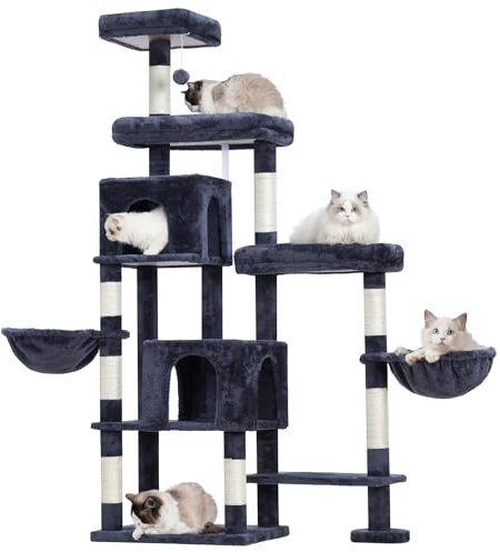 Hey-brother Arbre à Chat XXL pour Grands Chats, 180 cm de Haut, Stable, élargi à Droite, avec 3 Plateformes Confortables, 3 Grandes niches et 2 paniers pour Chat, Gris fumé EMPJ038G