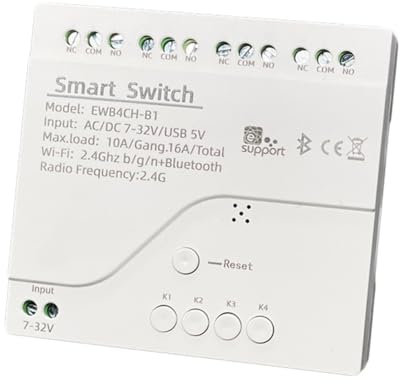 Ujjdwiurgh Intelligenter Schalter, 4 Kanäle, WLAN, Bluetooth, kabellos, Relais- mit trockenem , App-Fernbedienung, 7-32 V