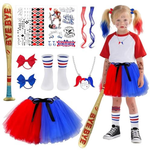 Mädchen Bösewicht Suicide Kostüm Kit, Mädchen Suicide Kostüme, Halloween Kostüme für Kinder,mit Bögen, Ballett -Tutus, Aufblasbarer Baseballschläger, Clown Aufkleber,für die Halloween Karnevalsparty