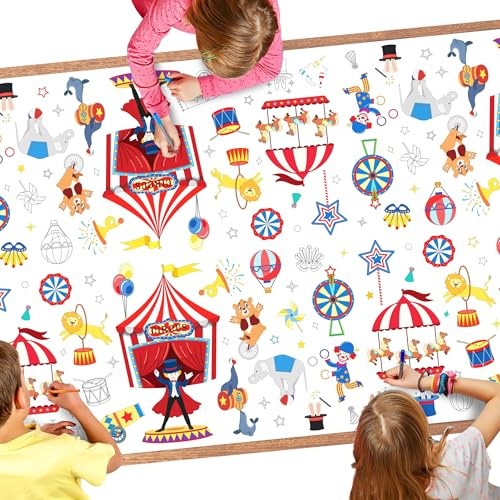 Riesiges Zirkus-Malposter Tischdecke Karneval Zirkusparty Malaktivitäten Einweg-Papiertischdecken Tischdecke für Klassenzimmerdekoration Geburtstag 54 x 108 IN (1 Packung)