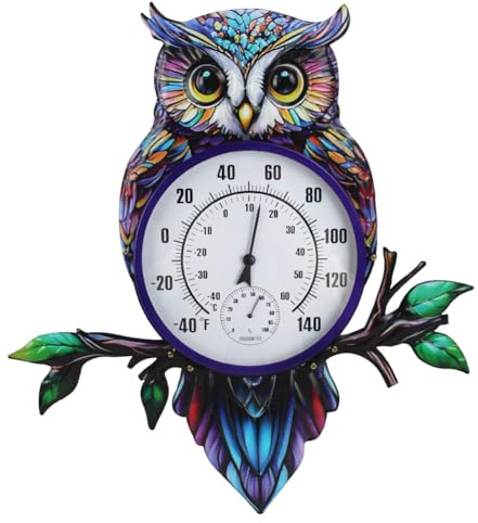 VEWOGIFT Großes Außenthermometer, bedrucktes Eule Wandthermometer | 55,9 cm Metall-Thermometer für Innen- und Außenbereich, mit großer Zahl für Terrasse, Zuhause, Raumdekoration
