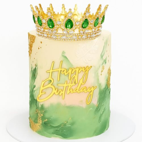 Otuuz 8 Pcs Gold and Green Queen Crown Birthday Cake Topper for Women Rhinestone Crystal Tiara Wedding Happy Birthday Cake Decoration Foam Balls Decor for Queen Princess Party Photo Props
