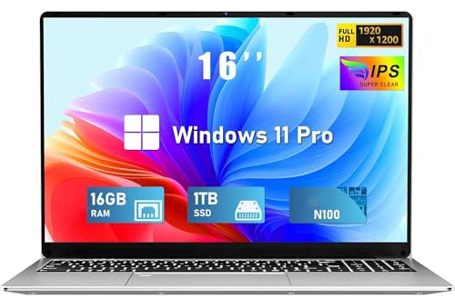 FUNYET 2025 Ordinateur Portable 16 Pouces Celeron N100 jusqu'à 3,4 GHz PC Portable 16Go RAM 1To SSD Win11 Pro 6000mAh Battery FHD 1920×1200 Laptop USB 3.0 BT 5.0 WiFi 5 Mini HDMI Clavier Rétroéclairé