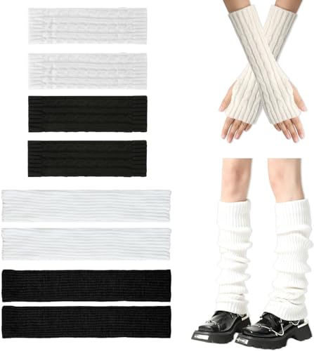 DAVBNM 2 Pairs Knit Leg Warmers Ladies Girls Yoga Ballet Dance Ice Skating Accessories (Black & Cream), 2 Pairs Knit Arm Warmers, Long Sleeve Fingerless Gloves Mittens with Thumb Hole (Black & White)