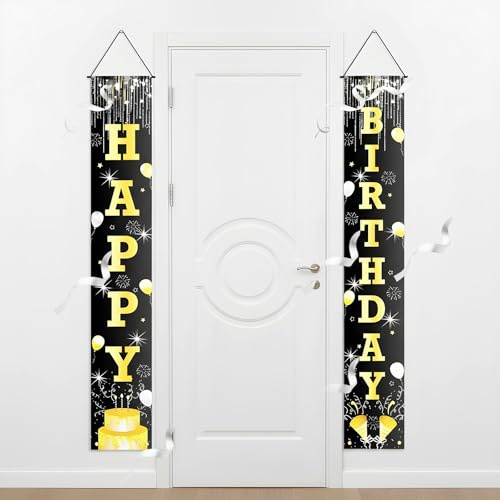 Classicseali Happy Birthday Door Banner,Black & Gold Birthday Door Banner,Happy Birthdays Banners for Doors, for Men Women Decoration Porch Sign Welcome Party Supplies Hanging Background Decoration