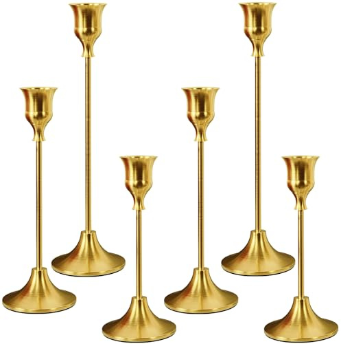 2 Sets(6 Pcs) Gold Taper Candle Holders, Metal Candlestick Holders for Standard Taper Candles, Modern Vintage Table Centerpiece Decor for Wedding, Christmas, Halloween, Dining Table & Mantel