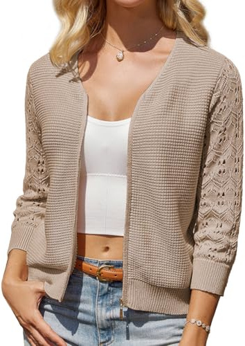 GRACE KARIN Damen Strickjacke Elegant V Ausschnitt 3/4-Ärmel Cardigan | Kurz, Löcher, Fällt, Mit Reißverschluss, Casual