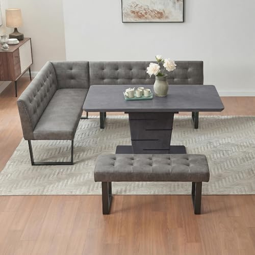 JIEXI Eckbank-Set mit Esstisch, Grau, Gepolsterte Tufting-Bänke, L-Form, 228 x 178 cm, Sitzhöhe 48 cm，Ausziehbarer 120-160cm (Nach rechts abbiegen, Esstisch 120–160 cm)