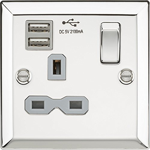 Knightsbridge Switched Socket Dual USB Charger Slots with Insert, Polished Chrome