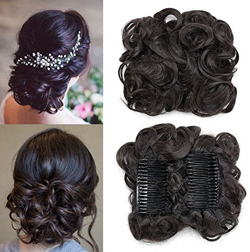 TESS Moño Postizo Con Peine Negro Natural, Pelo Natural 90g Rizado, Postizos y Coletas Con Pinza