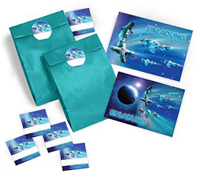 JuNa-Experten 12 Einladungskarten zum Kindergeburtstag Junge Space-Party Weltraum Raumschiff Spaceshuttle Einladungen zum Geburtstag inkl. 12 Umschläge, 12 Party-Tüten/petrol, 12 Aufkleber