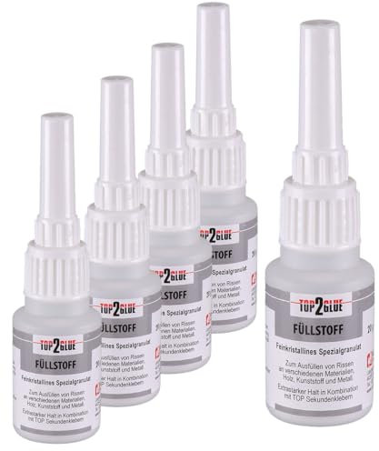 TOP2GLUE Sekundenkleber Granulat 20g - spaltfüllend - feinkristallin - zum verschließen von Rissen und Spalten mit Sekundenkleber von Langlauf Schuhbedarf® (5 Flaschen)