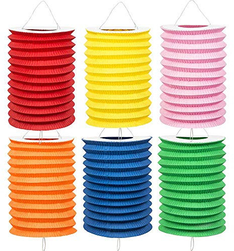 Boland - Papierlaterne Einfarbig, 12 Stück, 6 Farben sortiert, Zuglaterne, Rot, Gelb, Rosa, Grün, Orange, Blau, Lampion, Geburtstag, Laternenzug, Gartenparty, Hängedekoration