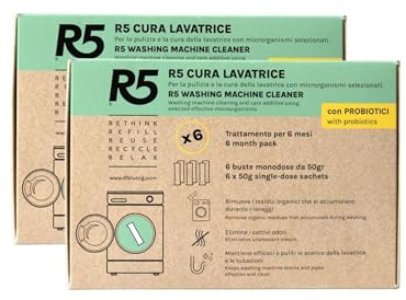 R5, Cura Lavatrice, 12 Dosi | Con microrganismi probiotici: rimuove residui organici e cattivi odori da cestello, tubazioni e scarico, 2 buste da 6 dosi