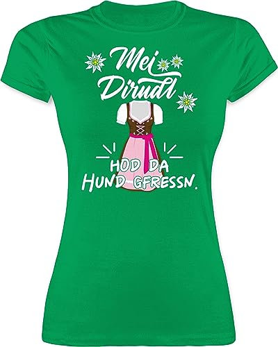 Shirt Damen - Kompatibel mit Oktoberfest - MEI Dirndl hod da Hund gfressn - XL - Grün - trachtenshirt edelweiß Trachten t Shirts bayrische Edelweiss Tshirt Oktoberfest-t-Shirt
