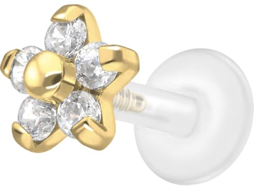 PIERCINGLINE Piercing Stecker PTFE Labret mit Innengewinde + Titan-Aufsatz BLUME MIT 5 KRISTALLEN - Roségoldfarben, Transparent, Schwarz, Goldfarben, Silberfarben