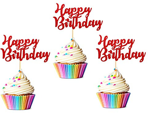 Arthsdite 48 Stück vormontierte rote Glitzer Happy Birthday Cupcake Topper Kuchen Essen Obst Picks für Feier Geburtstag Party Dekoration Supplies