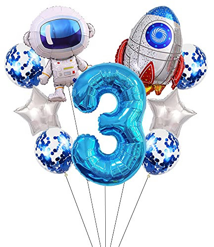 Liitata Weltraum Luftballon Set 3. Kinder Geburtstag Deko Zahl 3 Folienballon Blau Großes Astronaut Raketen Luftballons Stern Ballon Konfetti Luftballons für Junge Geburtstag Party Motto Party Deko