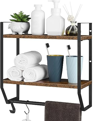Handtuchhalter mit Regal 2 Etagen Wandmontage Industrie Bad Handtuchhalter Regal Rustikales Holz Aufbewahrungsregal mit Handtuchstange 5 Haken für Wohnzimmer Küche (Braun)
