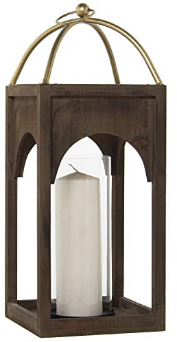 DRW Farol Portavelas Cuadrado de Madera, Metal y Cristal 2x22x61cm