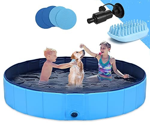 Hundepool Schwimmbecken Faltbarer Hund 63x12 Planschbecken Swimmingpool Kinderpool Hundebadewanne Doggy Pool für Großes Haustier Hund Katze Kinder PVC rutschfest (Bonus Haustier Badebürste)