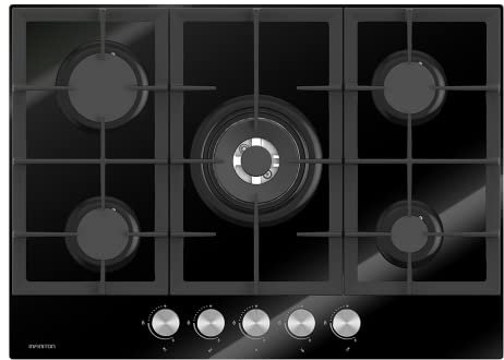 INFINITON 78GLN52 - Placa de Gas, 5 Zonas, Ancho 70cm, Negro, Quemador Triple Corona, Encendido electrónico