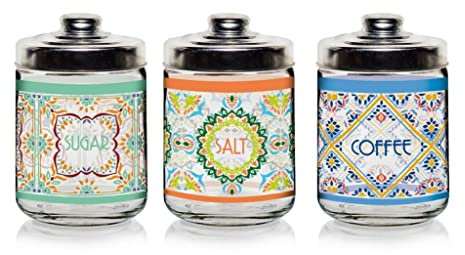 Set 3 Barattoli da Cucina Sale Zucchero Caffè in Vetro Valencia 800 cc
