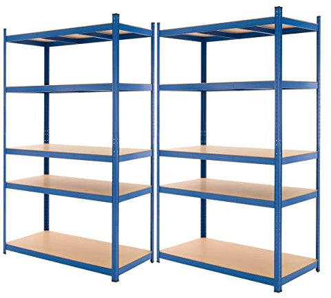ECD Germany 2er Set Werkstattregal Schwerlastregal 200x100x50 cm Blau pulverbeschichter Metall mit 5 Böden MDF Holz belastbar bis 875kg Lagerregal Steckregal Kellerregal Garagenregal Metallregal Regal