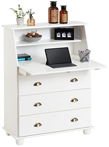 IDIMEX Sekretär Gomes aus massiver Kiefer weiß, schöner Bürotisch mit Klappe, praktischer Arbeitstisch mit 2 Fächer und 3 Schubladen