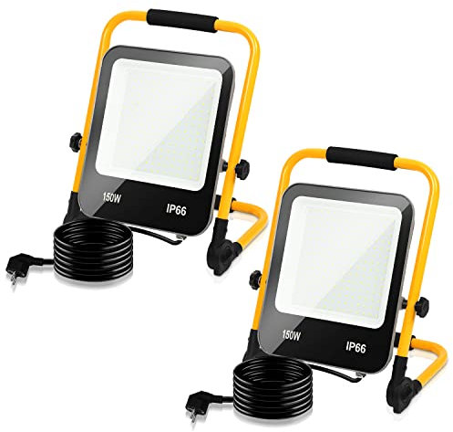 Yakimz LED Baustrahler Arbeitsleuchte Strahler 150W 13000LM Bauscheinwerfer mit 3m Stromkabel IP66 Austellenlampe Tragbar und Faltbarer 216 LEDs Fluter für Werkstatt Baustelle Garage, Kaltweiß, 2er