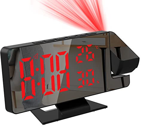 ORIA Projection Clock, Digital Alarm Clock with 7.8 Inches Mirror Display, Charging Port, Snooze, 4-Level Brightness, Temperature, Time, Date, Ceiling Clock with 180° Projector for Bedroom, Red Digit